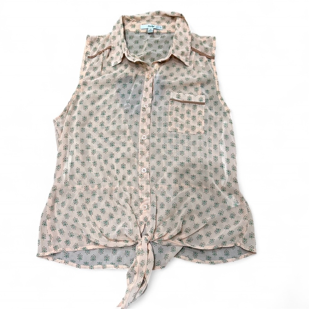 Papaya Sleeveless Tie Waist Sheer Blouse